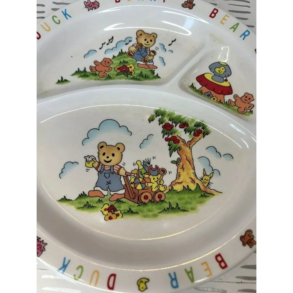 Vintage Melamine Ware Divided Kids Plate Bear Bunny Duck Nursery White Retro‎
